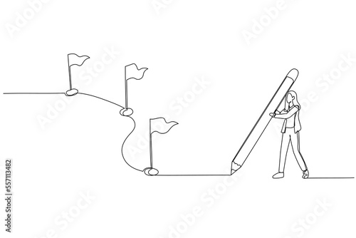 Drawing of businesswoman using pencil draw line with flag as milestones. Continuous line art style