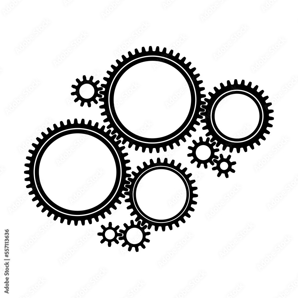 Mechanical cogwheel group. Small and large sprockets. Black silhouette gear icon design element. White background. Vector illustration.