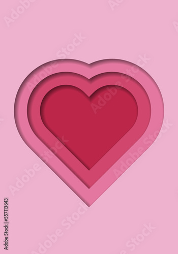 Red paper cut out heart shape pattern in layers. 3D gradient background. Trend color year 2023, viva magenta. Design element for card, cover, banner, poster, backdrop, wall. Vector illustration.