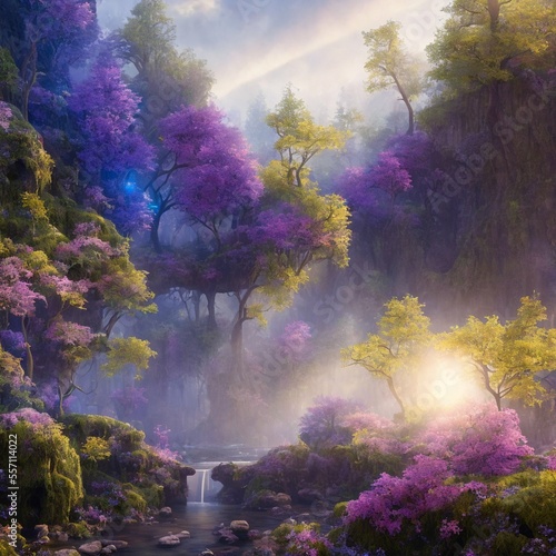 A computer generated image of an idyllic rainforest. A magnificent landscape digital painting with bright and colorful flora and crystal blue water  ai