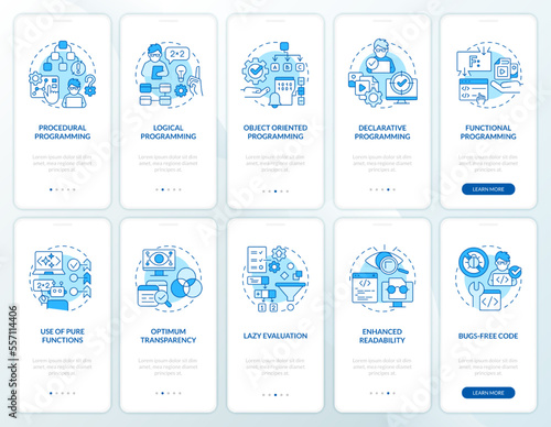 Approaches to programming blue onboarding mobile app screen set. Walkthrough 5 steps editable graphic instructions with linear concepts. UI, UX, GUI template. Myriad Pro-Bold, Regular fonts used