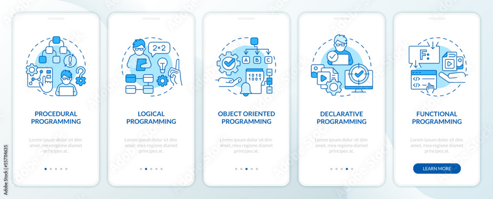 Types of programming paradigms blue onboarding mobile app screen. Walkthrough 5 steps editable graphic instructions with linear concepts. UI, UX, GUI template. Myriad Pro-Bold, Regular fonts used