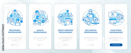 Types of programming paradigms blue onboarding mobile app screen. Walkthrough 5 steps editable graphic instructions with linear concepts. UI, UX, GUI template. Myriad Pro-Bold, Regular fonts used