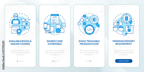 Procedural programming benefits blue onboarding mobile app screen. Walkthrough 4 steps editable graphic instructions with linear concepts. UI, UX, GUI template. Myriad Pro-Bold, Regular fonts used