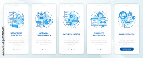 Functional programming advantages blue onboarding mobile app screen. Walkthrough 5 steps editable graphic instructions with linear concepts. UI, UX, GUI template. Myriad Pro-Bold, Regular fonts used