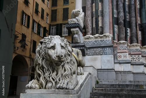 Marble lion at the entrance of Franciscan church Santa Croce Florence, Italy 