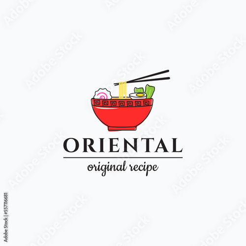 Ramen noodle simple logo design. Simple asian noodle restaurant logo concept. Ramen noodle bowl full of topping and chopstick.