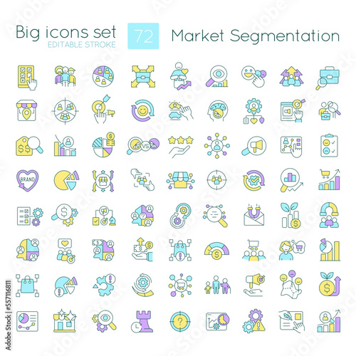 Marketing segmentation RGB color icons set. Promotional strategy. Target audience. Isolated vector illustrations. Simple filled line drawings collection. Editable stroke. Quicksand-Light font used © bsd studio