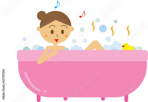 入浴中に気持ちよさそうに泡風呂を楽しんでいる女性のイラスト・バスタイム・リラックス