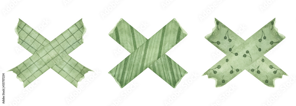 Set of Cross Tape Strips. Isolated on white background. Torn Stickers tape paper pastel colors, blank banners tags labels template design. Watercolor illustration of a decorative tape.