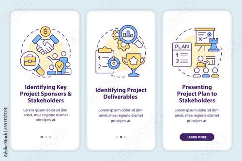 Project planning stages onboarding mobile app screen. Workflow walkthrough 3 steps editable graphic instructions with linear concepts. UI, UX, GUI template. Myriad Pro-Bold, Regular fonts used