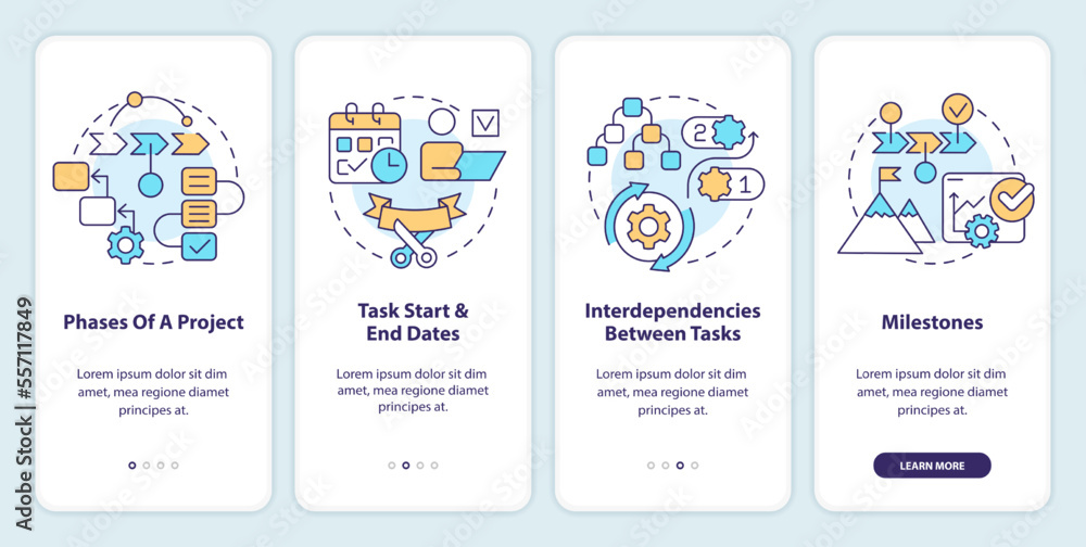 Project plan includes onboarding mobile app screen. Task management walkthrough 4 steps editable graphic instructions with linear concepts. UI, UX, GUI template. Myriad Pro-Bold, Regular fonts used