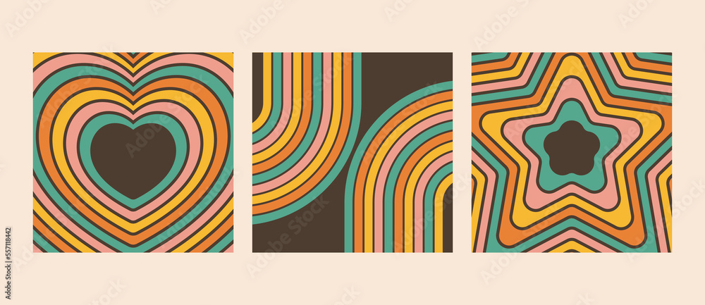 70s groovy background set in retro style. Psychedelic rainbow lines, heart, star 70s groovy background set in retro style. Psychedelic rainbow lines, heart, star