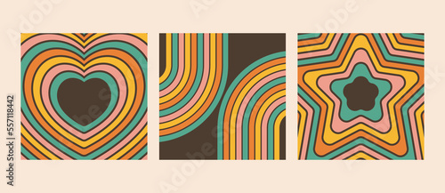 70s groovy background set in retro style. Psychedelic rainbow lines, heart, star