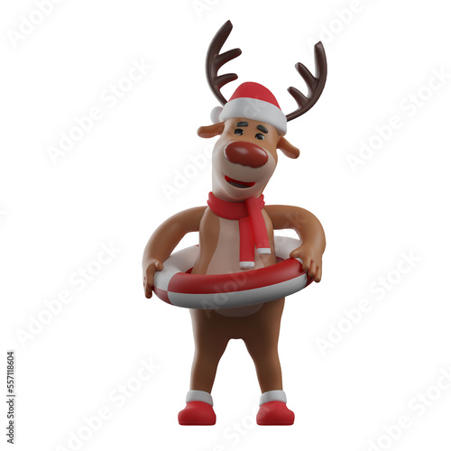  3D illustration. Cartoon image of a 3D Christmas Reindeer character wearing a swimming tube. showing a funny face. has two cute horns. 3D Cartoon Character