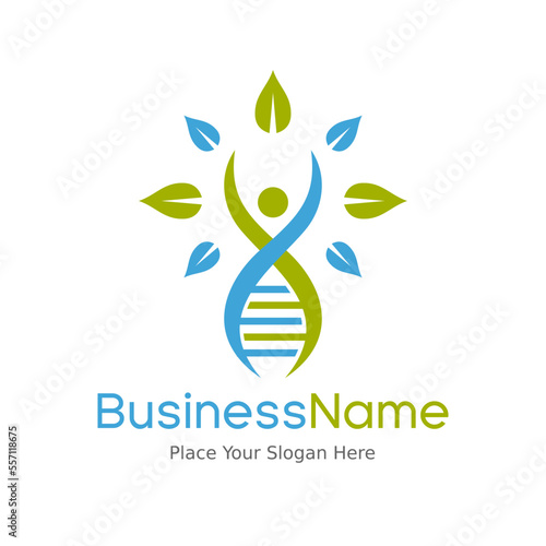 DNA logo with people or leave. Health vector design. This logo is suitable for healthy life, medical, medicine, body, cross symbol or icon, chromosome, genetic, structure and care.