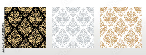 Wallpapers in the style of Baroque. Seamless vector backgrounds. Set of colored floral ornaments. Graphic patterns for fabric, wallpaper, packaging. Ornate Damask flower ornaments