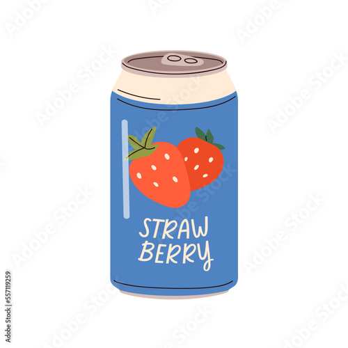 Soda drink, strawberry lemonade in tin. Fizzy carbonated berry flavored beverage, cold summer cocktail in aluminum can. Refreshment in metal jar. Flat vector illustration isolated on white background