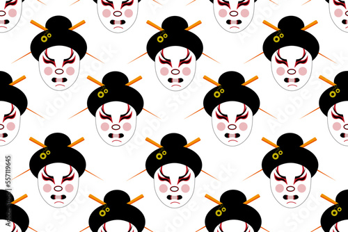 Seamless pattern with mask in a traditional Japanese kabuki theater. Folk art of Japan. Wallpaper or fabric print. Website banner about oriental art.