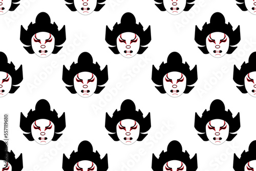 Seamless pattern with mask in a traditional Japanese kabuki theater. Folk art of Japan. Wallpaper or fabric print. Website banner about oriental art.