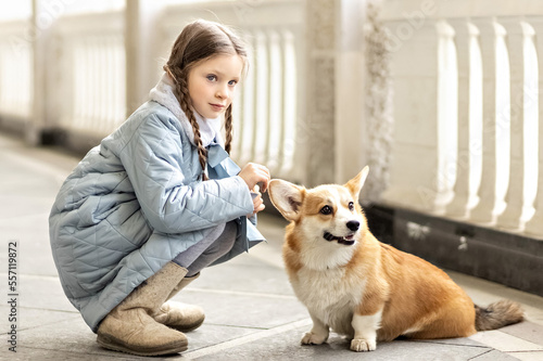 Portrait of a toddler girl in a warm blue coat with a corgi dog in the park. Spring, International Women's Day March 8.