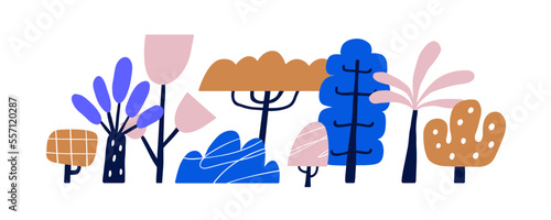 Childish fairytale trees. Forest plants in naive primitive Scandinavian style. Abstract doodle magic woods, whimsical fantasy woodland. Kids flat vector illustration isolated on white background
