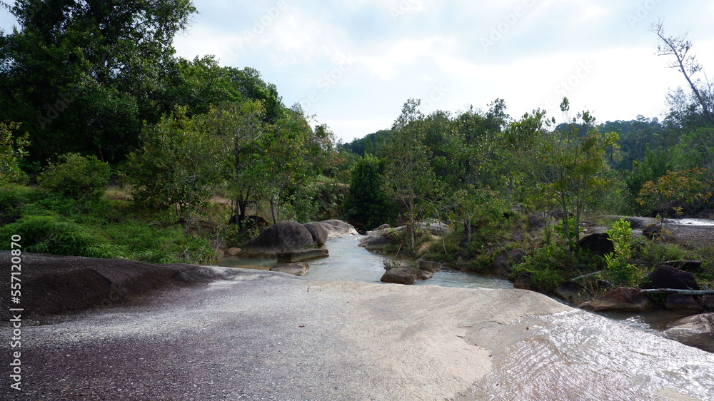 The view from the top of the big rock, flowing river and green forest