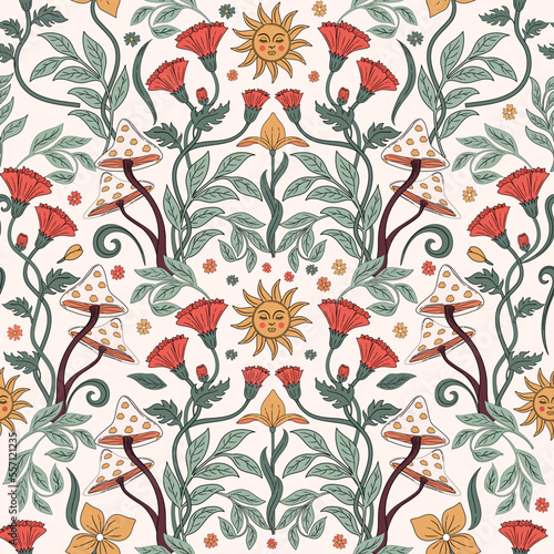 Retro pattern in art nouveau style. Seamless pattern with decorative floral, leaves, sun, mushroom elements. A modern take on 60s and 70s aesthetic.