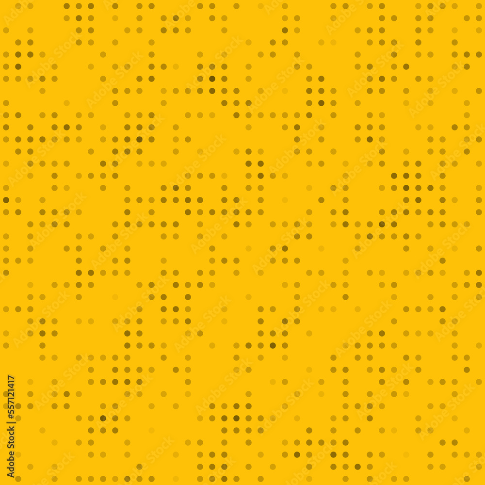 Abstract seamless geometric pattern. Mosaic background of black circles. Evenly spaced small shapes of different color. Vector illustration on amber background
