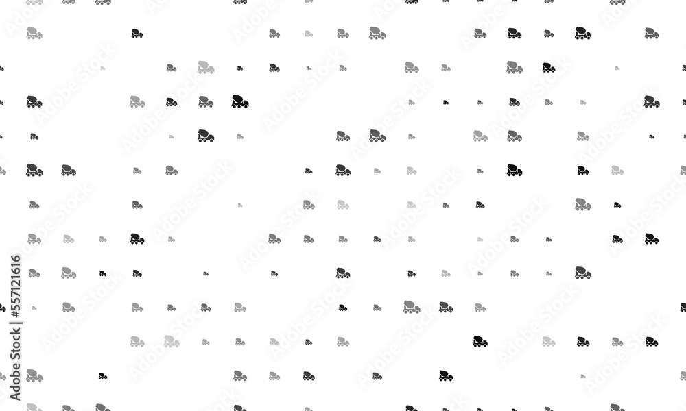 Seamless background pattern of evenly spaced black concrete mixer truck symbols of different sizes and opacity. Vector illustration on white background