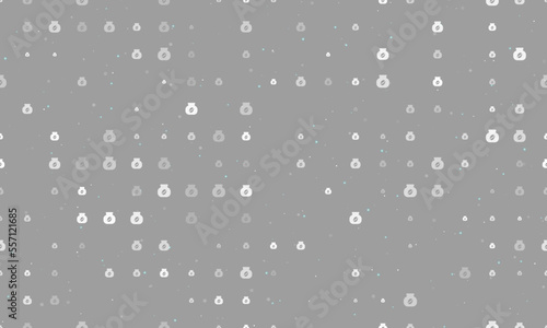 Seamless background pattern of evenly spaced white instant coffee symbols of different sizes and opacity. Vector illustration on gray background with stars