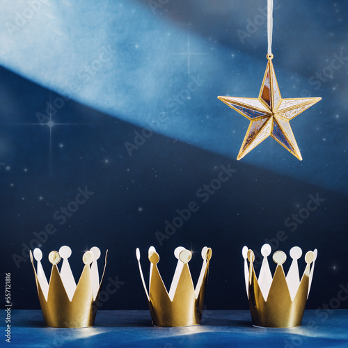Fototapeta three shiny golden crowns and a star in the blue sky