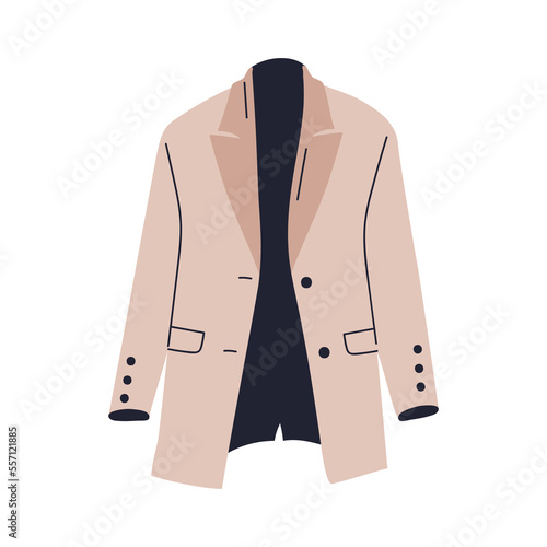 Casual fashion blazer, female wearing. Stylish jacket, women clothes. Trendy feminine apparel in modern style. Flat vector illustration isolated on white background