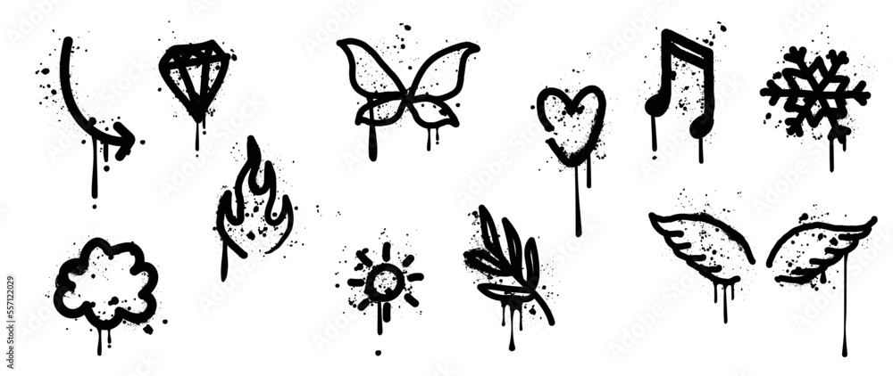 Set of graffiti spray pattern vector illustration. Collection of spray texture arrow, diamond, butterfly, flame, wing, leaf branch. Elements on white background for banner, decoration, street art. - obrazy, fototapety, plakaty 