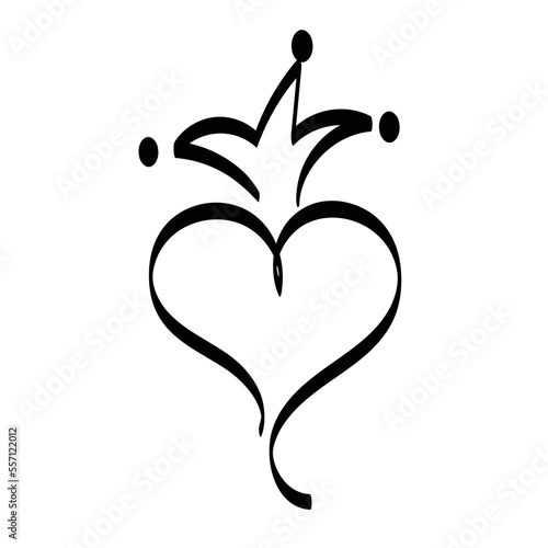 Hand drawn crowned heart. Doodle princess, king and queen crown on heart, sketch love crowns. Wedding card logo, doodle hearts in crowns. 