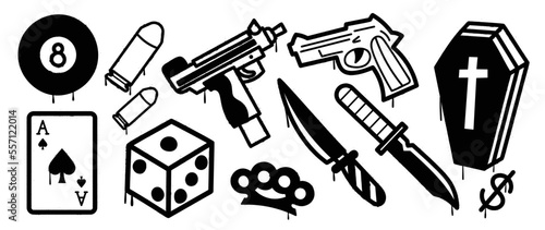 Set of graffiti spray pattern vector illustration. Collection of spray texture playing card, dice, gun, bullet, knife, coffin, knuckle. Elements on white background for banner, decoration, street art.