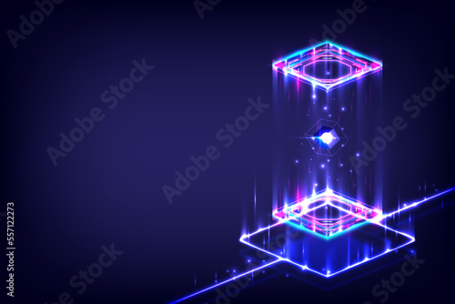 Product display and presentation. Futuristic technology cyberpunk platform pedestal cyber. Square podium. Holographic neon lightings. Magic gate in game fantasy. Lab capsule. Neon lines with Database