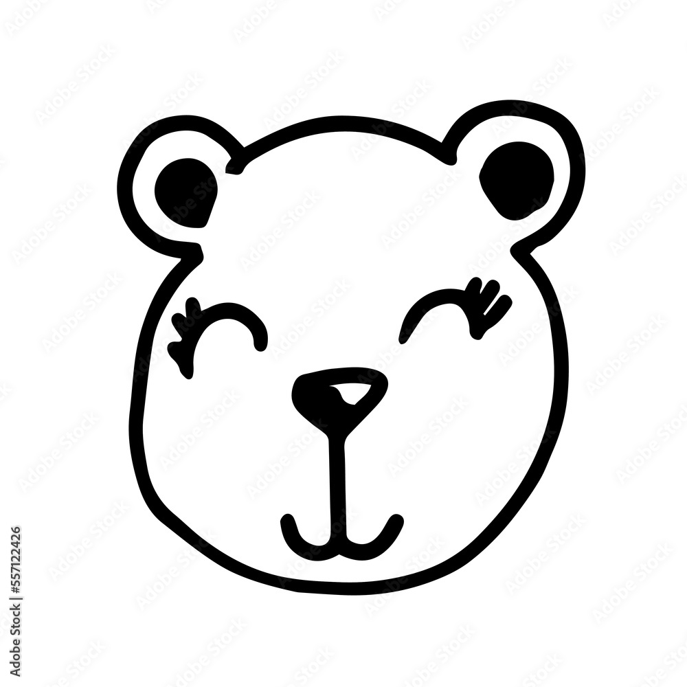 Vector black outline flat cartoon doodle bear face isolated on white background Vector black outline flat cartoon doodle bear face isolated on white background
