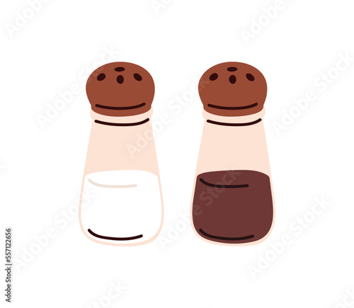 Salt and pepper shakers. Glass jars, saltcellar with kitchen seasonings, flavoring for sprinkling spicy powder. Ingredients, condiments for food. Flat vector illustration isolated on white background photo