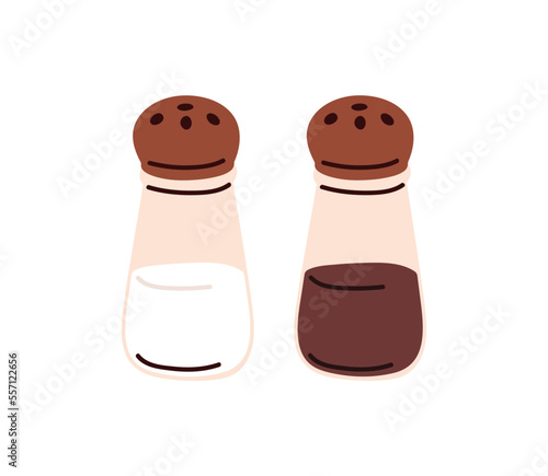 Salt and pepper shakers. Glass jars, saltcellar with kitchen seasonings, flavoring for sprinkling spicy powder. Ingredients, condiments for food. Flat vector illustration isolated on white background