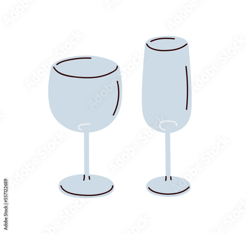 Empty wineglasses. Glassware, stemware for alcohol drinks. Glass kitchen ware, utensils of different types for champagne and wine. Flat vector illustration isolated on white background