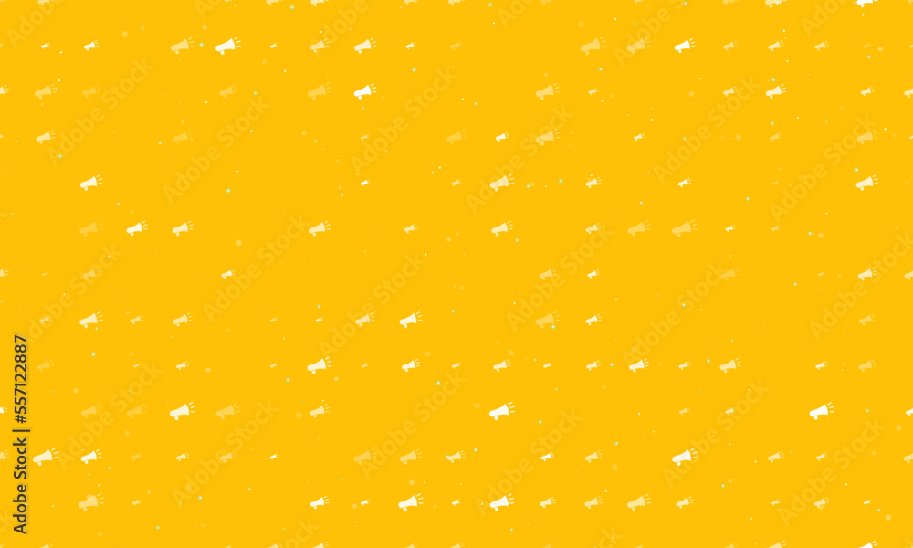 Seamless background pattern of evenly spaced white megaphone symbols of different sizes and opacity. Vector illustration on amber background with stars