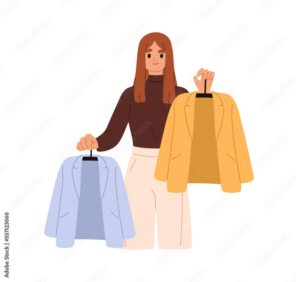 Fashion stylist helps with choice between clothes. Shop assistant consulting, offering modern garments to choose, blazers wearing on hangers. Flat vector illustration isolated on white background Fashion stylist helps with choice between clothes. Shop assistant consulting, offering modern garments to choose, blazers wearing on hangers. Flat vector illustration isolated on white background