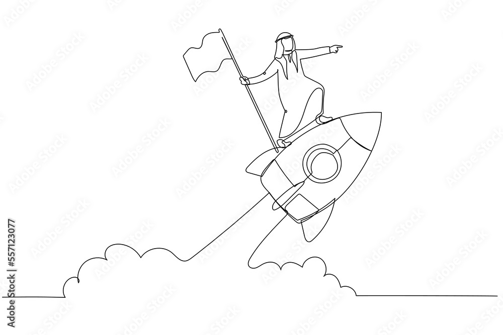Fototapeta premium Cartoon of arab businessman holding number one flag standing on flying rocket. One continuous line art style