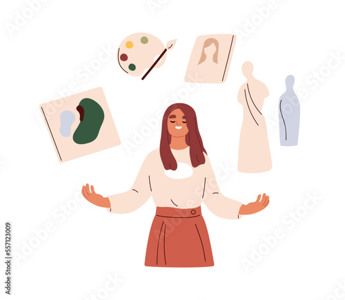 Creative woman, happy inspired artist. Creativity and inspiration, art hobbies and education concept. Talented creator thinking about artworks. Flat vector illustration isolated on white background