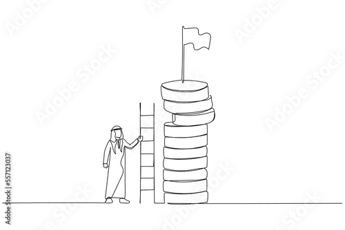 Cartoon of arab businessman climbs a ladder to get a flag atop of huge money profit. One line style art