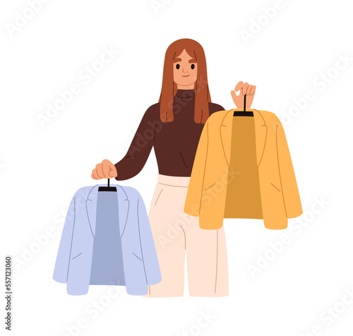 Fashion stylist helps with choice between clothes. Shop assistant consulting, offering modern garments to choose, blazers wearing on hangers. Flat vector illustration isolated on white background © Good Studio