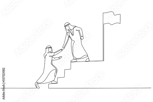 Illustration of arab businessman help friend to succeed and reach goal achieve target. Single line art style