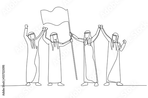 Drawing of arab businessman raising flag reaching top and success. Single continuous line art style