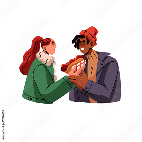 Happy love couple eating street fast food together. Romantic man and woman with hot dog outdoors. Interracial modern girl and guy friends. Flat vector illustration isolated on white background